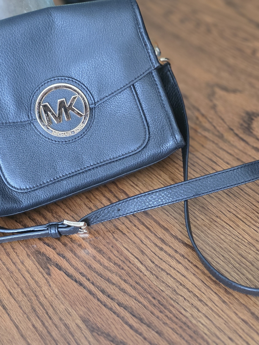 Michael Kors Black Leather Crossbody Bag - MK Signature Logo